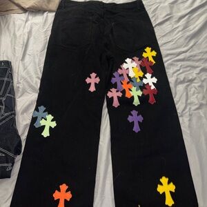 Chrome Hearts Black Jeans with Colorful Cross Patches